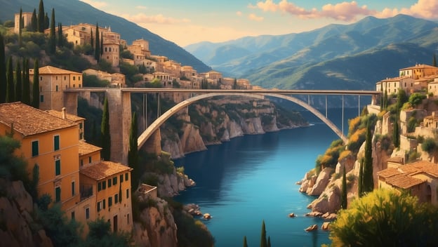 Die Darstellung zeigt eine beeindruckende Hängebrücke über ein blaues Gewässer, umgeben von Hügeln und malerischen Gebäuden.