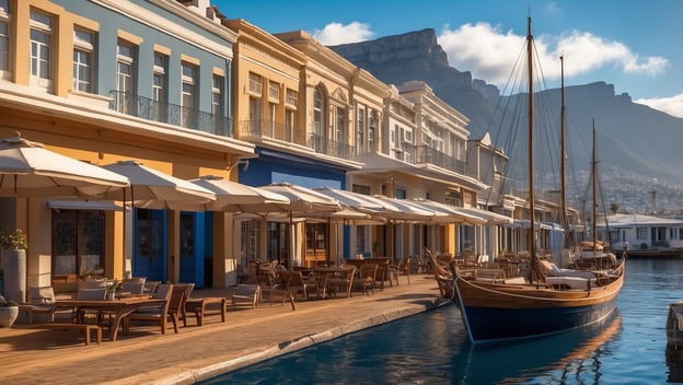 Bunte Gebäude am Wasser mit terrassierten Cafés, einem Holzboot im Vordergrund und Tafelberg im Hintergrund.