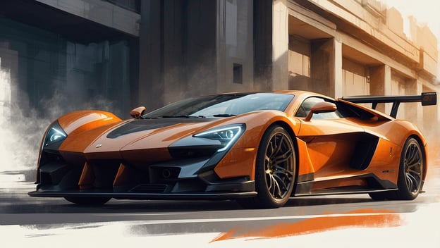 Ein sportlicher, orangefarbener Supersportwagen steht auf einer urbanen Straße, umgeben von moderner Architektur.