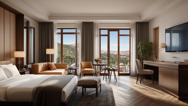 Ein elegantes Hotelzimmer mit großem Bett, gemütlicher Sitzecke, Schreibtisch, Fenstern mit Blick auf die Landschaft.