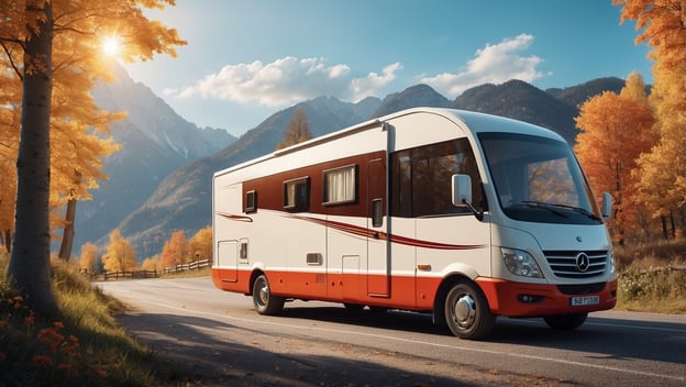 Ein Wohnmobil steht an einer Landstraße, umgeben von bunten Herbstbäumen und Bergen im Hintergrund.