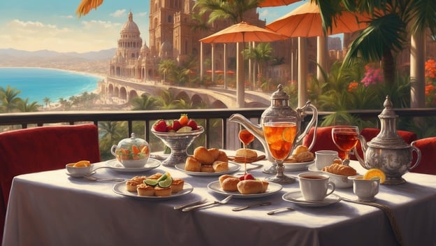 Ein gedeckter Tisch mit mexikanischem Afternoon Tea, Tequila, Gebäck und frischen Früchten vor atemberaubender Küstenlandschaft.