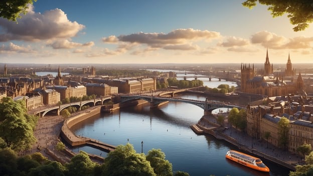 Panoramablick auf eine Stadt mit Brücken, einem Fluss und historischen Gebäuden unter einem bewölkten Himmel.