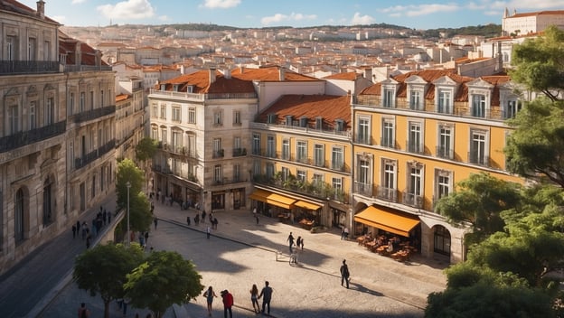 Blick auf einen Platz in Lissabon mit historischen Gebäuden, Cafés und Menschen, die die Umgebung genießen.
