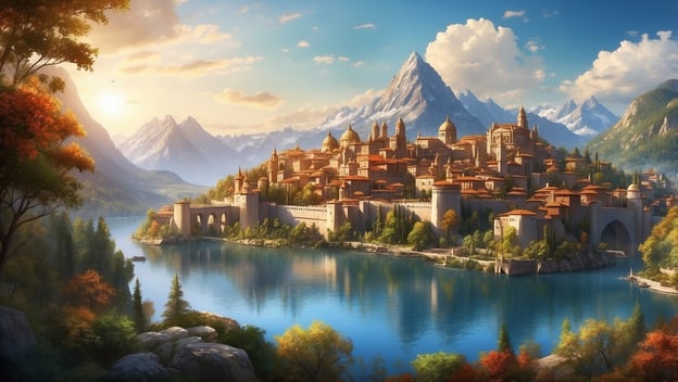 Eine majestätische Stadt am Ufer eines Sees, umgeben von Bergen und herbstlichen Bäumen, unter einem blauen Himmel.