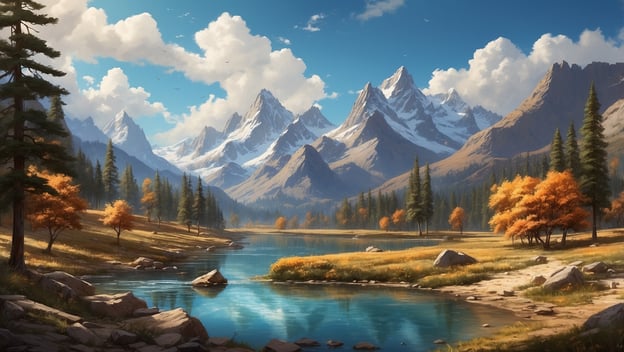 Berglandschaft mit schneebedeckten Gipfeln, ruhigem See, bunten Bäumen und klarem Himmel. Ideale Naturszene im Herbst.