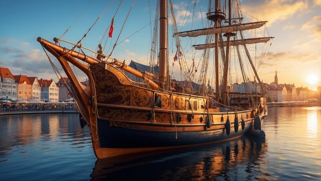 Ein prächtiges Segelschiff steht im Hafen von Rostock, umgeben von historischen Gebäuden und reflektiert im Wasser.