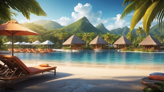 Entspannte Poollandschaft mit Liegen, Sonnenschirmen und Palmen, umgeben von grünen Bergen und Hütten im karibischen Stil.