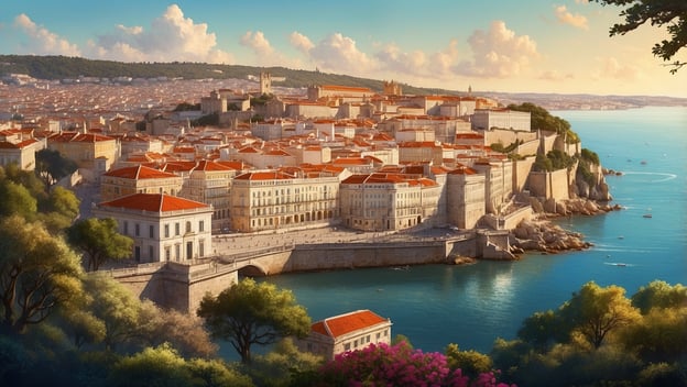 Lissabon mit roftgedeckten Gebäuden und grünen Hügeln, das Meer im Vordergrund, eine malerische Landschaft bei Sonnenuntergang.