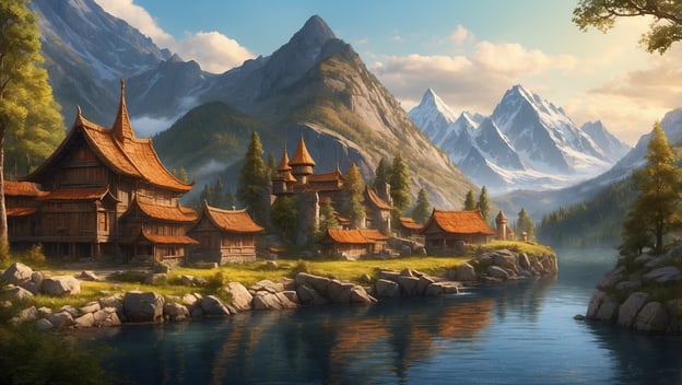 Eine malerische Landschaft mit traditioneller Architektur, Bergen im Hintergrund und einem ruhigen Wasserlauf.