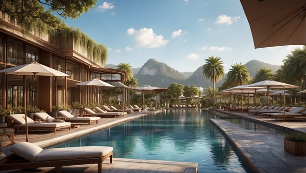 Luxuriöse Poollandschaft mit Liegen und Sonnenschirmen, umgeben von Palmen und Bergen unter klarem Himmel.