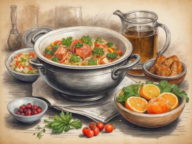 Auf dem Bild sind verschiedene traditionelle estnische Gerichte und Zutaten zu sehen. Es gibt einen großen Topf mit einer herzhaften Suppe oder Eintopf, die wahrscheinlich aus Fleisch und Gemüse besteht. Daneben sind kleine Schalen mit Beilagen, möglicherweise mit Kartoffeln oder anderen Gemüsesorten.Ein weiteres Element sind die frischen Früchte, die in Schalen präsentiert werden, darunter Orangen und Äpfel, die typisch für die estnische Küche sind. Auch Preiselbeeren könnten zu den Beilagen gehören, während ein Krug mit einem alkoholischen Getränk, möglicherweise Bier, daneben steht. Dies spiegelt die rustikale und gemütliche Atmosphäre der estnischen Esskultur wider.