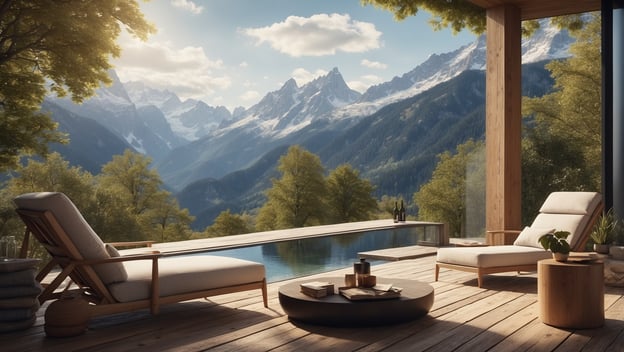 Der Blick auf die Berge ist beeindruckend, mit einem Swimmingpool und komfortablen Liegen auf einer Holzterrasse.