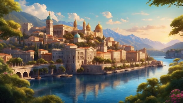 Eine malerische Küstenstadt mit historischen Gebäuden, üppigen Bäumen und Bergen im Hintergrund, reflektiert im ruhigen Wasser.