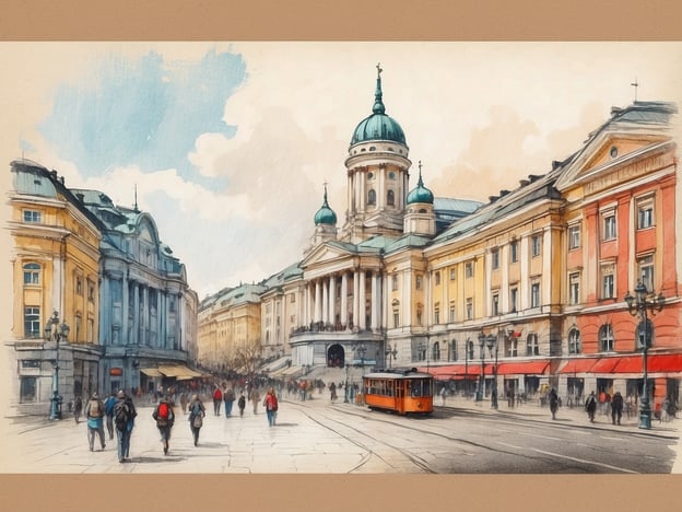 Auf dem Bild ist eine städtische Szenerie zu sehen, die einen Platz mit historischen Gebäuden zeigt. Im Vordergrund gehen viele Menschen, und ein oranger Straßenbahnwagen fährt vorbei. Die Architektur wirkt klassisch mit einzelnen Kuppeln und Säulen, die ein Gefühl von Eleganz vermitteln.Die Bedeutung von Design in Helsinki ist geprägt von einer harmonischen Verbindung von Funktionalität und Ästhetik. Die Stadt hat sich einen Namen als Zentrum des Designs gemacht, was sichtbar wird in der Art und Weise, wie öffentliche Räume und Gebäude gestaltet sind. Design wird hier nicht nur als Kunstform betrachtet, sondern auch als Mittel zur Verbesserung des urbanen Lebens und zur Förderung einer lebendigen Gemeinschaft.