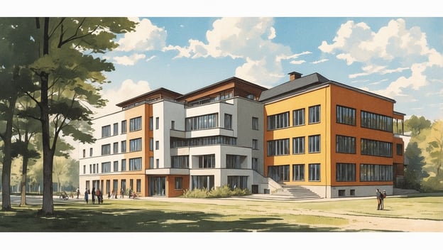Moderne Bauhaus-Architektur mit orange und weißem Putz, umgeben von Bäumen. Menschen bewegen sich auf der Wiese.