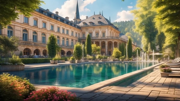 Historisches Kurhaus in Baden-Baden mit einem glitzernden Pool und gepflegtem Garten, umgeben von Bäumen und Bergen.