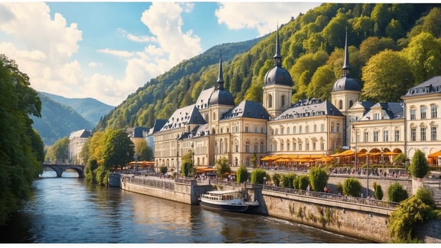 Historische Kurstadt Bad Ems am Ufer der Lahn mit eleganten Gebäuden, grünen Hügeln und einer belebten Promenade.