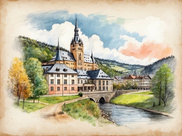 Auf dem Bild könnte eine malerische Szene aus Bad Harzburg dargestellt sein. Zu sehen sind möglicherweise die markanten Gebäude des Kurortes, wie das historische Rathaus oder die beeindruckende St. Nikolai-Kirche, die mit ihrem hohen Turm die Skyline prägt. Die sanfte Hügel- und Waldlandschaft im Hintergrund erinnert an die umliegenden Harzer Berge, während der Fluss im Vordergrund eine friedliche Atmosphäre schafft, die typisch für Bad Harzburg ist. Die Bäume in Herbstfarben verleihen dem Bild eine zusätzliche Schönheit.