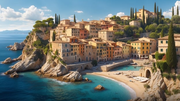 Malerei einer malerischen Küstenstadt in Italien mit bunten Häusern, Klippen und Stränden am blauen Meer.