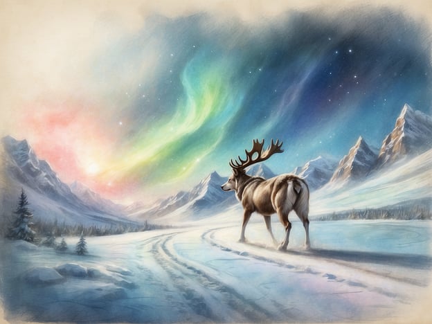 Auf dem Bild sieht man ein Rentier, das in einer winterlichen Landschaft umgeben von schneebedeckten Bergen und einem faszinierenden Nordlicht steht. In Lappland gibt es viele aufregende Aktivitäten, die man dort erleben kann. Man könnte zum Beispiel eine Rentierschlittenfahrt unternehmen, bei der man die unberührte Natur Lapplands hautnah erleben kann. Die beeindruckenden Polarlichter, wie sie im Hintergrund des Bildes zu sehen sind, sind ein weiteres Highlight, das Touristen in die Region zieht, um die magische Atmosphäre des Nordens zu genießen.Außerdem bietet Lappland tolle Winterwanderungen oder Schneeschuh-Touren an, bei denen man die Ruhe und Schönheit der verschneiten Landschaft erkunden kann. Und natürlich kann man auch die samische Kultur kennenlernen, etwa durch traditionelle Geschichten und Tänze, die einen tiefen Einblick in das Leben der indigenen Völker geben.