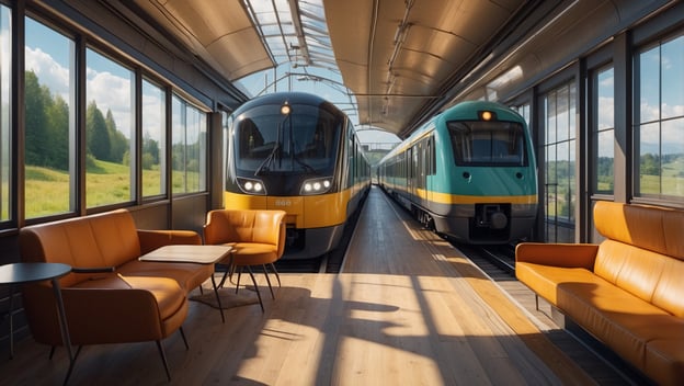 Zwei Züge stehen an einem modernen Bahnhof mit großen Fenstern, umgeben von einer grünen Landschaft. Sitzgelegenheiten sind ebenfalls vorhanden.