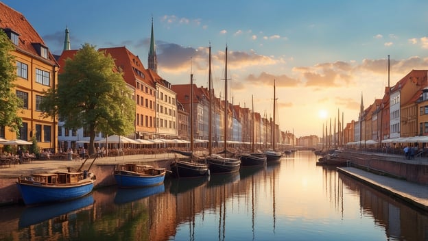 Blick auf eine malerische Uferpromenade mit bunten historischen Gebäuden, Bäumen und mehreren Booten im Wasser bei Sonnenuntergang.