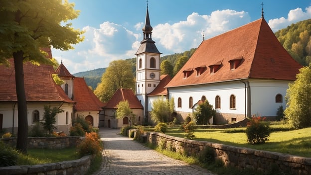 Eine malerische Ansicht der Herrnhuter Brüdergemeine mit historischen Gebäuden und einer Kirche im Vordergrund, umgeben von Bäumen.