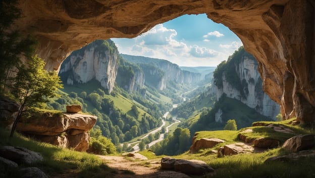 Aussicht aus einer Höhle auf eine grüne Tallandschaft mit bewaldeten Hügeln und einem fließenden Fluss im Sonnenlicht.