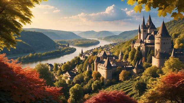 Blick auf das Obere Mittelrheintal mit Burgen, Weinbergen und dem Rhein, umgeben von buntem Laub und sanften Hügeln.