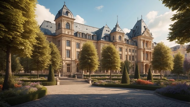 Das Bild zeigt das Jugendstilensemble Mathildenhöhe Darmstadt mit gepflegtem Garten und dem prächtigen Gebäude im Hintergrund.