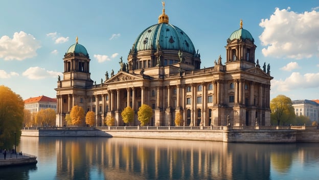 Die Museumsinsel Berlin zeigt die beeindruckende Architektur des historischen Gebäudes mit Kuppel und umliegendem Wasser.