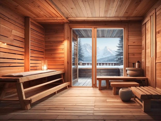 Auf dem Bild ist eine gemütliche Holzsauna zu sehen, die eine entspannende Atmosphäre vermittelt. Diese Art von Sauna könnte eine Finnische Sauna sein, bekannt für ihre hohe Temperatur und trockene Hitze.Die Bänke aus Holz sind typisch für viele Sauna-Variationen, während die großen Fenster einen schönen Blick auf die Berge bieten und eine Verbindung zur Natur herstellen. Möglicherweise handelt es sich auch um eine Bio-Sauna, die eine niedrigere Temperatur und höhere Luftfeuchtigkeit bietet, um das Schwitzen angenehmer zu gestalten.Zusätzlich könnte die Sauna auch Elemente einer Infrarotsauna aufweisen, die eine direkte Wärmewirkung auf den Körper hat. Die Einrichtung mit Kerzen und einem sanften Licht verstärkt die entspannende Stimmung, die sowohl in Wellnessbereichen als auch in privaten Saunen geschätzt wird.