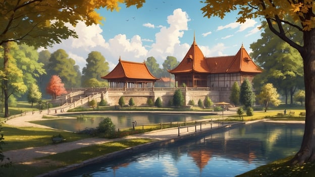 Der Muskauer Park zeigt eine malerische Landschaft mit einem Teich, einer Brücke und einem historischen Gebäude im asiatischen Stil.