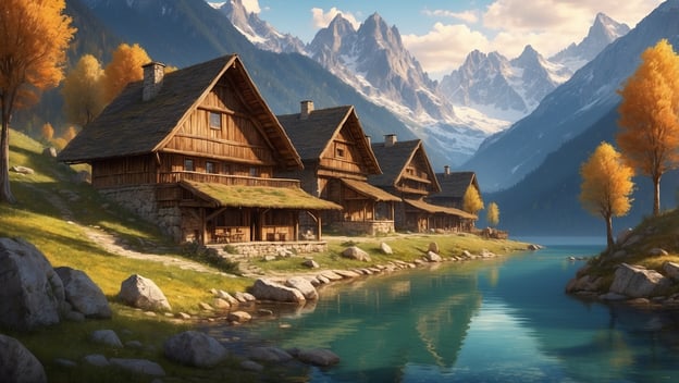 Traditionelle Holzhäuser am Ufer eines klaren Sees, umgeben von Bergen und bunten Baumblättern im UNESCO Weltkulturerbe.