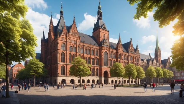 Das Bild zeigt das UNESCO Weltkulturerbe Rathaus und den Roland in Bremen, umgeben von Bäumen und Menschen auf dem Platz.
