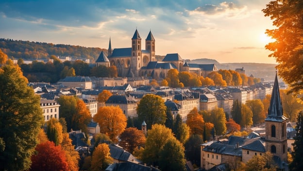 Blick auf die Römischen Baudenkmäler in Trier, mit dem Dom und der Liebfrauenkirche umgeben von herbstlicher Landschaft.
