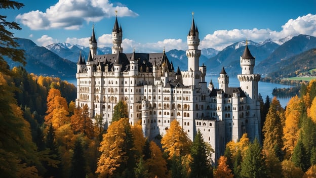 Neuschwanstein Schloss umgeben von buntem Herbstwald und Bergen im Hintergrund. Heller Himmel mit weißen Wolken.