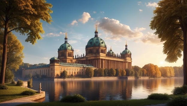 Das Bild zeigt das beeindruckende Schloss mit grünen Kuppeln, umgeben von Wasser und Bäumen im UNESCO Weltkulturerbe Potsdam.