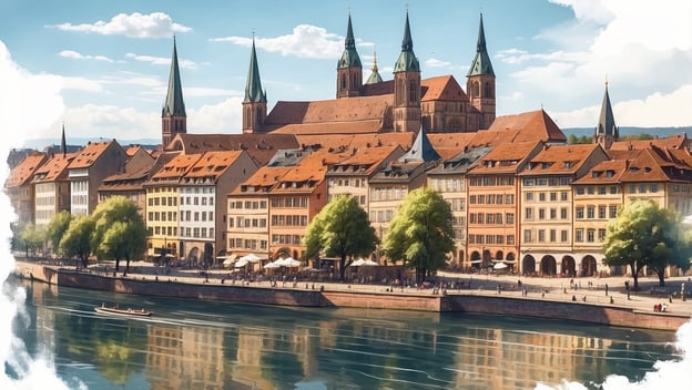 Die Architektur historischer Gebäude an einem Fluss mit Bäumen und promenierenden Menschen, inspiriert von den SchUM-Stätten.