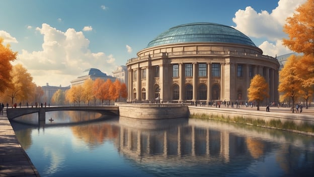 Historisches Gebäude mit gläsernem Dach, umgeben von herbstlichen Bäumen, spiegelt sich im ruhigen Wasser eines Kanals.