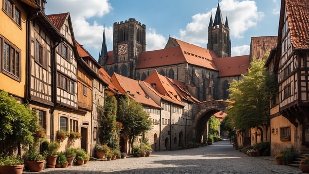 Blick auf die Stiftskirche von Quedlinburg zwischen historischen Fachwerkhäusern in der malerischen Altstadt.