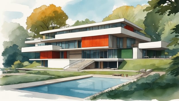 Modernes Wohnhaus mit mehreren Ebenen, großen Fenstern, bunten Flächen und einem angrenzenden Pool in grüner Umgebung.