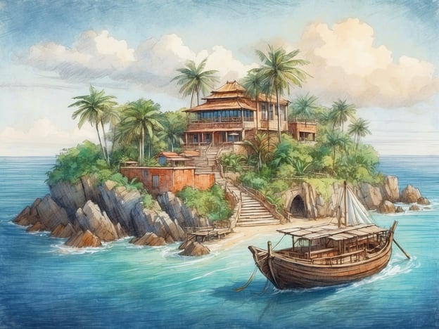 Auf dem Bild ist eine malerische Insel zu sehen, die von tropischen Pflanzen und einem ruhigen Meer umgeben ist. Im Vordergrund liegt ein traditionelles Boot, das an einem Strand angedockt ist, und im Hintergrund befindet sich ein schönes Haus, das auf den Klippen steht.Für die Planung deiner Inselhopping-Reise könntest du diese Insel als Ziel in Betracht ziehen. Stelle sicher, dass du genügend Zeit einplanst, um die Umgebung zu erkunden, vielleicht eine Bootstour zu buchen und die lokale Kultur zu erleben. Es wäre auch ratsam, Unterkünfte in der Nähe zu suchen, um die schöne Aussicht und die entspannte Atmosphäre in vollen Zügen genießen zu können. Vergiss nicht, die beste Reisezeit zu berücksichtigen, um das angenehme Wetter und die idealen Bedingungen für Aktivitäten im Freien zu nutzen!