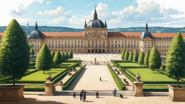 Die Würzburger Residenz mit Hofgarten und Residenzplatz zeigt eine prächtige Architektur und sorgfältig gestaltete Gärten.