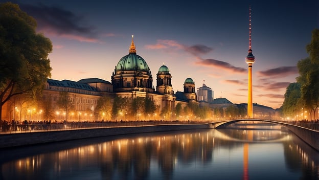 Schöne Abendstimmung mit der Berliner Fernsehturm und dem Berliner Dom, reflektiert im Wasser des Flusses.