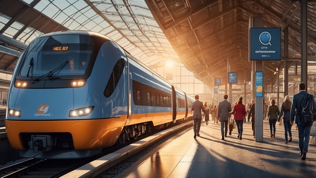 Ein moderner Zug steht an einem Bahnhof, während Passagiere in geschäftlicher Kleidung vorbeigehen. Sonnenlicht strahlt durch das Dach.
