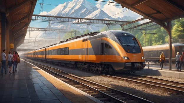 Ein orangefarbener Zug steht an einem Bahnsteig, umgeben von Bergen und Passagieren, die auf den Zug warten.