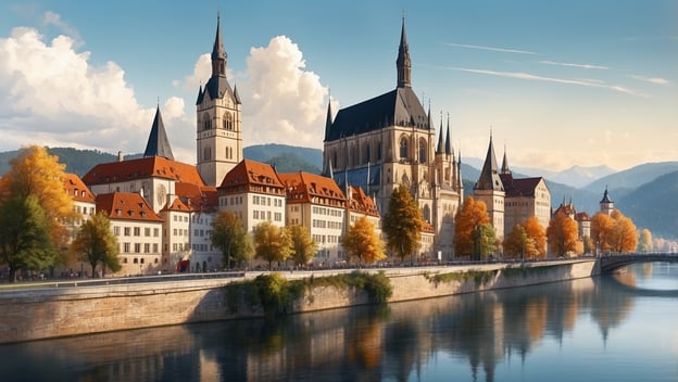 Historische Architektur an einem Flussufer mit bunten Bäumen und Bergen im Hintergrund unter blauem Himmel.