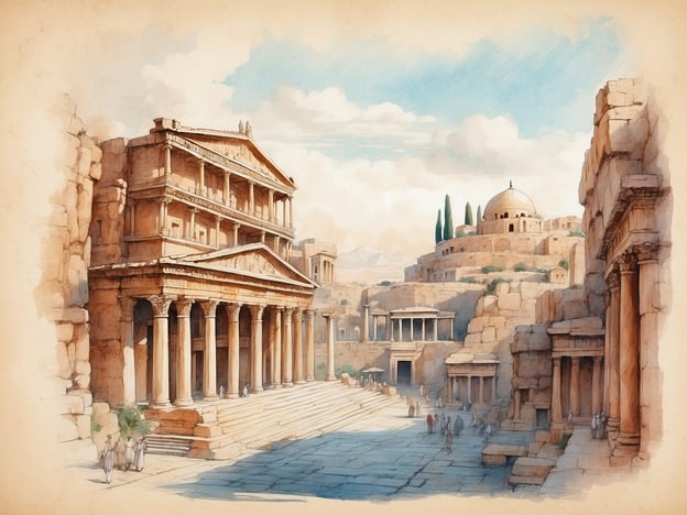 Auf dem Bild ist eine antike griechische Stadtlandschaft zu sehen, die an das historische Athen erinnert. Man kann beeindruckende Säulenbauten und Strukturen beobachten, die typisch für die Architektur der klassischen Antike sind. Ähnlich wie im alten Athen, wo Tempel und öffentliche Plätze eine zentrale Rolle spielten, schaffen die dargestellten Elemente eine Atmosphäre der Antike.In Athen finden wir zahlreiche Tempel, wie den Parthenon, der der Göttin Athena gewidmet ist und auf der Akropolis thront. Solche majestätischen Gebäude wurden gebaut, um die Götter zu ehren und die politische Macht der Stadt zu demonstrieren. Die verwinkelten Straßen und das geschäftige Treiben könnten an das Leben und die Kultur der Athener erinnern, die damals in einer blühenden Demokratie lebten.Die verschiedenen architektonischen Elemente und die natürliche Umgebung lassen auf eine blühende Stadt schließen, die reich an Geschichte, Philosophie und Kunst ist – Werte, die auch in Athen von zentraler Bedeutung waren.